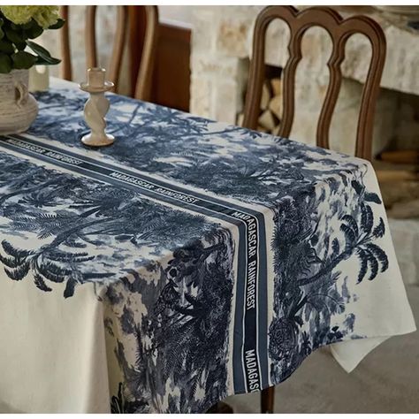 Madagascar Rainforest, Cheap Tablecloths, French Tablecloths, Dark Boho, Blue Tablecloth, Blue White Decor, Blue Toile, Beautiful Table Settings, Linen Sofa