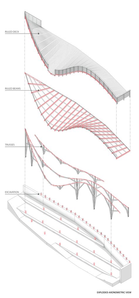 The-Warp-by-John-Lin-and-Olivier-Ottevaere_dezeen_3_1000.gif (1000×2133) Exploded Axonometric, University Of Hong Kong, Axonometric View, Architecture Presentation Board, Architecture Concept Diagram, Timber Structure, Architecture Concept Drawings, Roof Structure, Architecture Design Concept