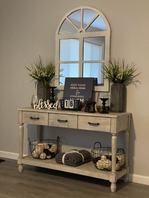 Living Room Side Board Ideas, Decorate Foyer Table, Sofa Table Redo Furniture Makeover, Console Decorating Ideas, Decorating A Console Table, Living Room Wall Shelves, Room Wall Shelves, Sofa Table Decor, Entry Table Decor