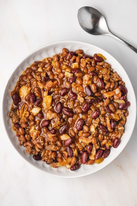 Slow Cooker Cowboy Beans Slow Cooker Cowboy Beans Allrecipes, Cowboy Beans Crockpot Slow Cooker, Cowboy Beans Crockpot, Slow Cooker Cowboy Beans, Ground Beef Slow Cooker Recipes, Cowboy Beans Recipe, Beans With Pork, Barbecue Beans, Cowboy Chili