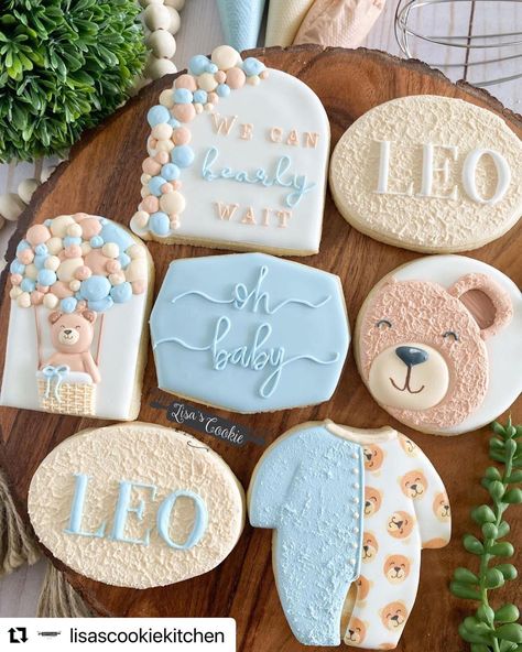 Adorable baby beer cookies by @lisascookiekitchen using our 3-part teddy bear cookie stencil design. Physical stencil available via… | Instagram Teddy Bear Baby Shower Sugar Cookies, Teddy Bear Birthday Cookies, Bear Gender Reveal Cookies, Teddy Bear Shower Cookies, We Can Barely Wait Cookies, Teddy Bear Cookies Baby Shower Boys, Teddy Bear Baby Shower Theme Boy Cake, Bear Cookies Baby Shower Teddy, Beary First Birthday Cookies