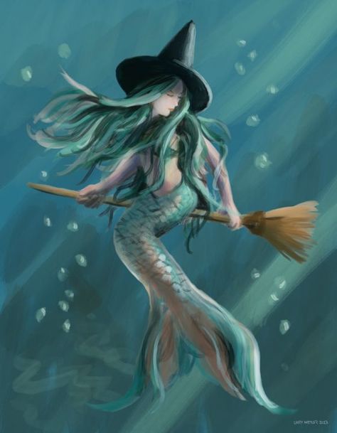 Halloween Mermaid Art, Autumn Mermaid, Sea Witch Art, Ocean Witch Art, Old Mermaid, Sea Witch Painting, Witch Mermaid, Witch Tattoos, Moon Mermaid Art