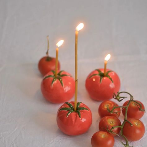 CERAMICS | Diegonine Diy Clay Candle Stick Holder, Tomato Ceramic, Tomato Decor, Clay Tomato, Whimsical Ceramics, Tomato Design, Tomato Candle, Ceramic Candleholder, Clay Candle Holders