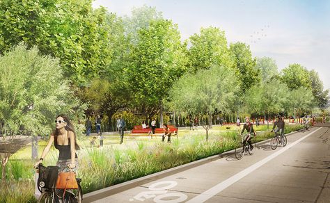 Photoshop Rendering, Linear Park, Water Movement, Bike Lane, Landscape And Urbanism, Bridge Design, Replant, Street Design, Architecture Plan