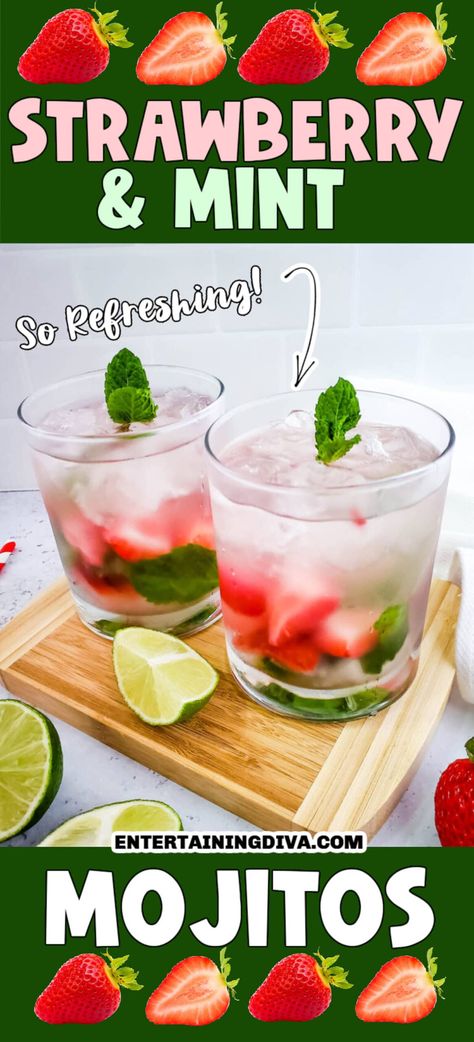 You're going to love this homemade strawberry mint mojito recipe! Made with fresh strawberries, lime juice, rum and club soda, it's so simple to make, This bright and refreshing cocktail is the ultimate crowd pleasing beverage and perfect for summer parties. Strawberry Mint Mojito Recipe, Strawberry Mint Mojito, Mint Mojito Recipe, Mojito Mocktail, Party Dip Recipes, Summer Food Party, Strawberry Mojito, Jello Shot, Party Food Dessert