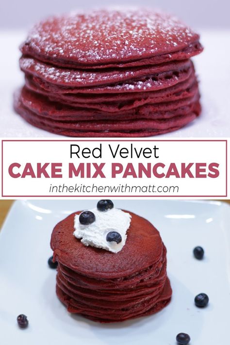 This red velvet pancakes recipe is so easy to make and so yummy. Cake for breakfast? Yes please! It is so fun repurposing cake mixes to use for other classic dishes. If you love pancakes and you love red velvet recipes, you have got to try these! If I can do it, you can do it. #redvelvet #pancakes #breakfastideas #breakfast Pancakes Cake, Cake Mix Pancakes, Red Velvet Whoopie Pies, Red Velvet Pancakes, Pancake Cake, How To Make Red, Red Velvet Cake Mix, Cake For Breakfast, Red Cake