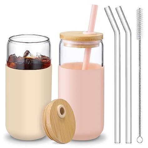 Cups With Bamboo Lids, Coffee Glasses, Drinking Jars, Glass Coffee Cups, Iced Coffee Cup, Glass Cups, Glass Water Bottle, Boba Tea, Glass Straws