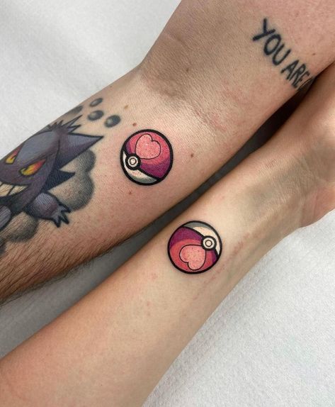 Matching Pokemon Tattoos, Video Game Tattoo Ideas, Game Tattoo Ideas, Gengar Tattoo, Game Tattoo, Pokemon Tattoos, Pikachu Tattoo, Gamer Tattoos, Cute Couple Tattoos