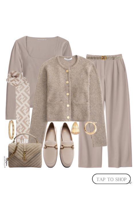 Winter work outfit inspo- Taupe tuckable square neck top, tailored trousers, ribbed knit collarless cardigan with gold buttons, Fendi belt & Scarf, loafers, YSL suede college bag & gold jewellery. Neutral outfit, work wear, office outfit, work outfits, smart casual chic