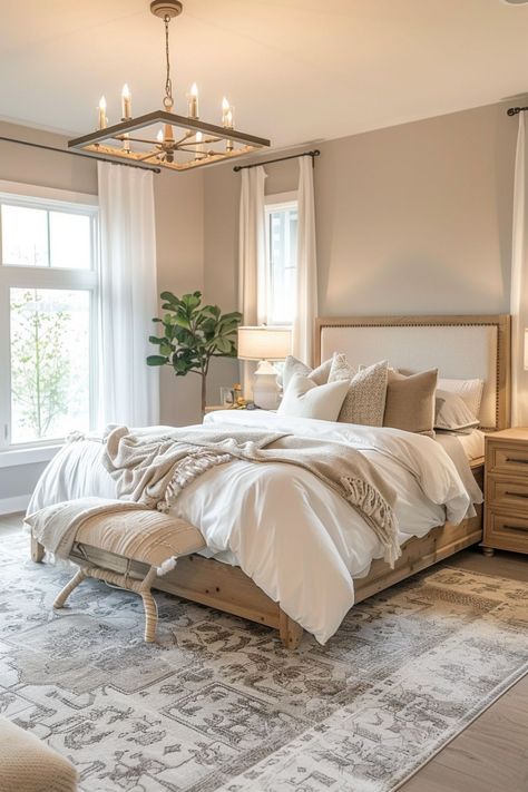 Light Wood Bedroom Aesthetic, Nuetral Pallete Bedroom Pop Of Color, Whole Bedroom Ideas, Calming Master Bedrooms Decor, Neutral Warm Bedroom, Minimalistic Room Ideas, Cream Color Bedroom Ideas, Neutral House Colors Interiors, Modern Neutral Bedroom Decor