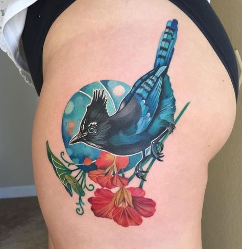 Steller Jay Tattoo, Stellers Jay Tattoo, Stellar Jay Tattoo, Nasturtium Tattoo, Steller Jay, Jay Tattoo, Body Markings, 13 Tattoo, Cobra Tattoo