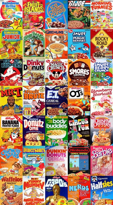 90s Breakfast, 80s Breakfast, Retro Food Ads, Cereal Box Illustration, 80s Food Packaging, 80s Snacks, Vintage Cereal, 80s Sweets, 80s Cereal