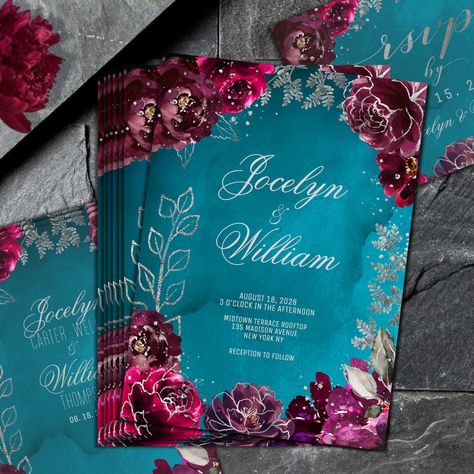 Blue Jewel Tone Wedding, Jewel Tone Wedding Invitations, Hunter Green Wedding, Raspberry Wedding, Dark Wedding Theme, Silver Spray, Wedding Script, Hot Pink Weddings, Maroon Wedding