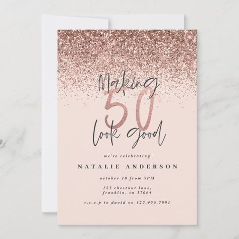 Modern 50th birthday chic typography rose gold Surprise 50th, Chic Typography, Moms 50th Birthday, Cake Lettering, Surprise Birthday Invitations, 50th Birthday Party Invitations, Rosé Birthday, Script Text, Gold Effect