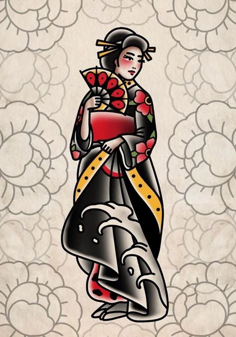 American Traditional Tattoos Japanese, American Traditional Geisha Tattoo, Traditional Style Anime Tattoo, American Traditional Tattoos Anime, American Traditional Japanese Tattoo, Old Tattoos Vintage, Japanese Old School Tattoo, Japanese Traditional Tattoo Design, Traditional Geisha Tattoo