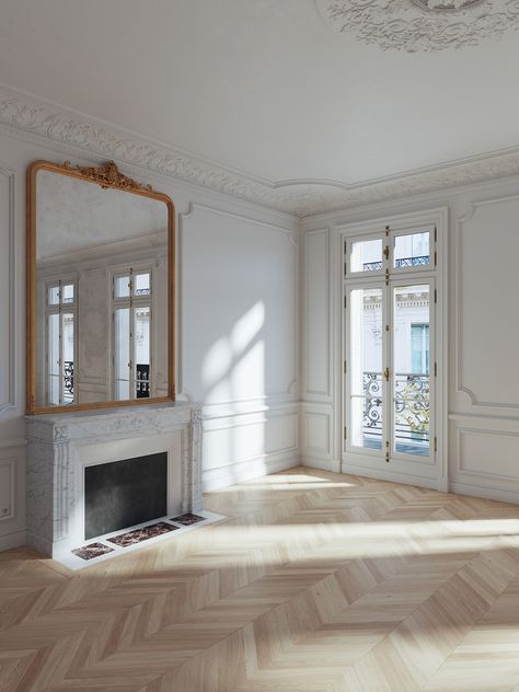 French Apartment Fireplace, Paris Haussmann Apartment, French Apartment Inspiration, French Apartment Interior Design, Modern Parisian Interior Kitchen, Haussmann Interior Paris Apartments, Parisian Modern Interior, Modern Parisian Interior Living Rooms, Parisian Panelling