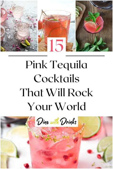 Collage of 4 pink tequila cocktails. Pink Cocktails Tequila, Pink Brunch Cocktails, Galentines Cocktails Tequila, Pink Lemonade Tequila Drink, Pink Alcoholic Drinks For A Party Tequila, Big Batch Pink Cocktail, Pink Paloma Cocktail, Cute Pink Cocktails, Cute Tequila Cocktails