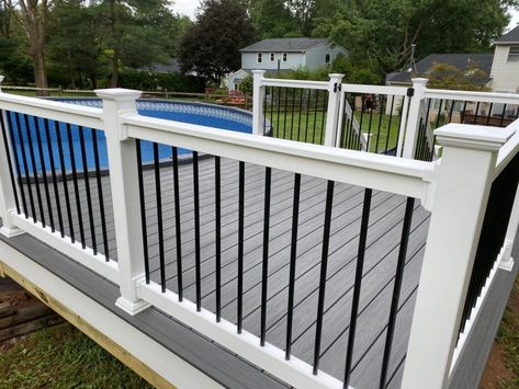 Pool Decks Trex Enhance, Grey Deck, Decks Around Pools, Semi Inground Pools, Pool Deck Plans, Trex Deck, Cool Deck, Deck Plans, Inground Pools