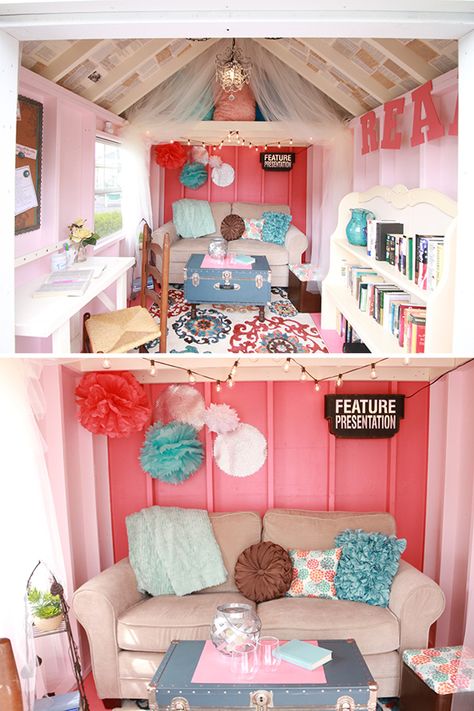 11 She Shed Ideas that will Make You Want One Kids Shed, She Shed Interior Ideas, She Shed Interior, Playhouse Interior, Playhouse Decor, Shed Playhouse, Shed Makeover, Girls Playhouse, Shed Decor