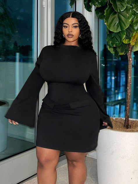 Plus Size Black Half Turtleneck Flared Sleeve Short Dress, Elegant Party And Graduation, Tailored Fitted Gown Black Elegant  Long Sleeve Knitted Fabric Plain Bodycon High Stretch  Women Plus Clothing, size features are:Bust: ,Length: ,Sleeve Length: Black Gown Outfit Classy, Short Dresses For Plus Size Women, Shein Graduation Outfits, Dinner Dress For Plus Size, Short Flare Dress Classy, Graduation Inspo Outfits, Plus Size Dinner Outfit Classy, Short Dinner Gowns Classy, Plus Size Graduation Outfit