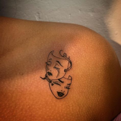 Laugh Now Cry Later Tats Feminine, Spooky Tattoos For Women, Two Faced Tattoo, Dark Whimsical Aesthetic, Gemini Tattoo For Women, Two Face Tattoo, Chest Neck Tattoo, Corpse Bride Tattoo, Dark Whimsical