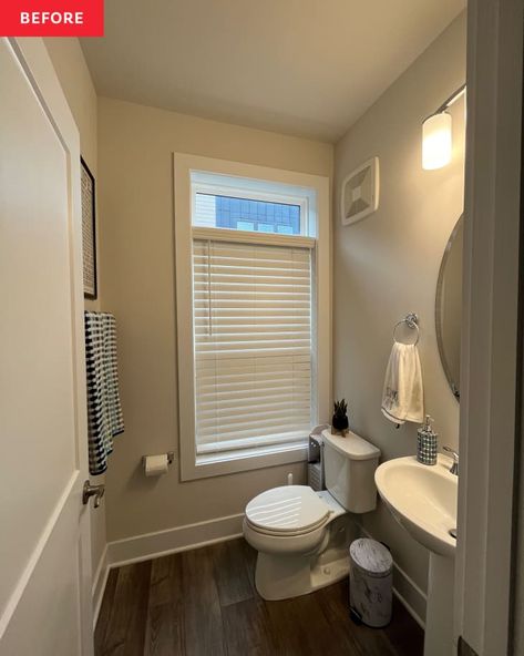 Tan Bathroom Walls, Small Bathroom Ideas Beige, Tan Tile Bathroom, Tan Bathroom, Tan Tile, Off White Walls, Wood Details, Beige Tile, Builder Grade