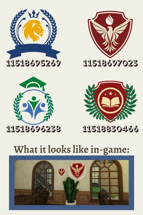 a variety of bloxburg school logo decals for you! any requests? let me know! i recommend using the small round painting and resize to your liking. - - - i'd like to note for the bottom left decal, i did very minimal effort and just recolored an existing logo from free to use images. #bloxburg #bloxburgschool #bloxburgdecal #bloxburglogo #bloxburgdecals #roblox #robloxschool Bloxburg High School Logo Codes, Bloxburg Decals For School, Bloxburg School Subject Decals, Blox Burg School Ideas, Aesthetic School Bloxburg, Bloxburg Neighborhood Name Decals, Bloxburg History Classroom, Bloxburg School Decal Codes Name, Bloxburg School Decal Codes Whiteboard