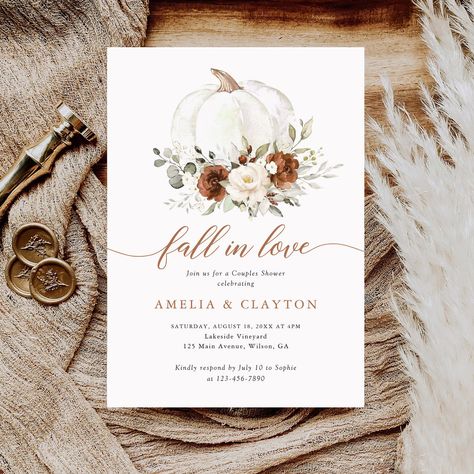 Floral Rust Pumpkin Fall in Love Couple Shower Invitation. Ivory Cream Flowers Couples Shower Invitation Card. White Pumpkin Greenery Fall in Love Couples Shower Invitation Fall In Love Wedding Invitations, Fall Bridal Shower Themes, Fall Greenery Wedding, Cream Wedding Invitations, Fall Greenery, Fall In Love Bridal Shower, In Love Couple, Rust Wedding, Orange Wedding Invitations