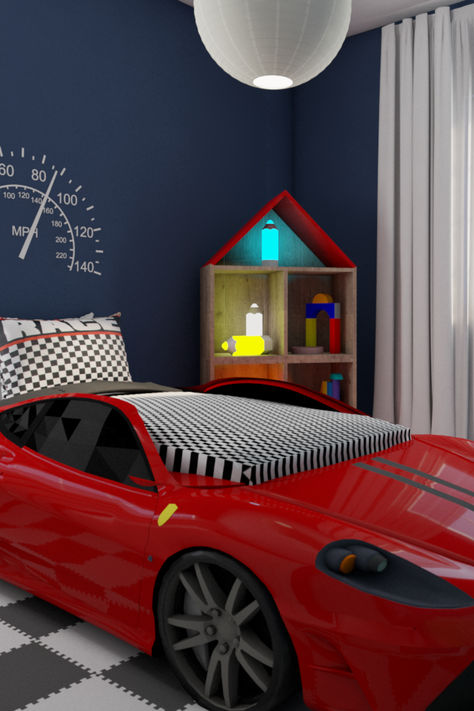 Kid’s race car-themed bedroom with red car bed, speedometer wall decal, and house-shaped shelf with colorful lights and toys. Boy Room Red, Checkered Bedding, Race Car Bedroom, Car Themed Bedrooms, Boy Bedrooms, Racing Theme, Boy Toddler Bedroom, Cozy Nursery, Car Bedroom