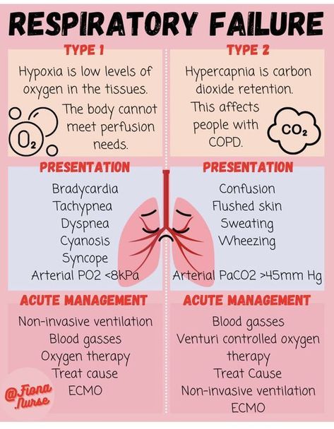 Respiratory Failure #medicalschool #resources #medicalstudent - Image Credits: FionaNurse Acute Respiratory Failure Nursing, Nursing Respiratory Cheat Sheets, Respiratory Pharmacology, Respiratory Therapy Notes, Respiratory Therapist Student, Respiratory Therapy Student, Acute Respiratory Failure, Nursing School Studying Cheat Sheets, Emt Study