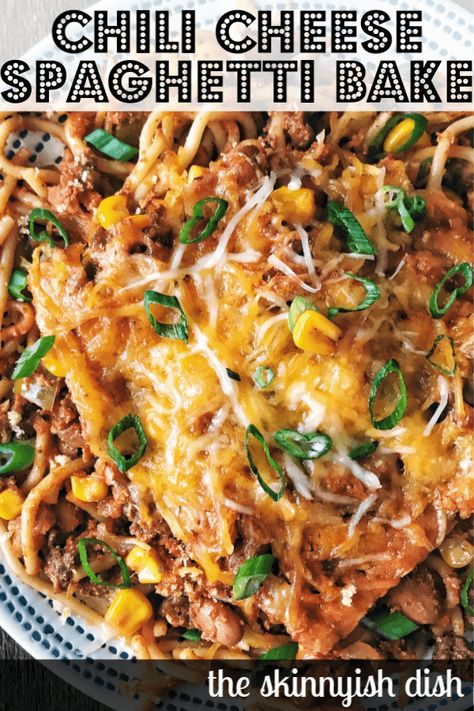 This Chili Cheese Spaghetti Bake is a delicious and easy recipe to add to your menu planner this week!  This tasty casserole is loaded up yummy chili piled onto spaghetti noodles and topped with cheese.  #chilicheese #spaghetti #ww Skinnydish Recipes, Cheese Spaghetti Bake, Crispy Fish Tacos, Ham And Broccoli, Skinnyish Dish, Chili Spaghetti, Spaghetti Bake, Group Recipes, Cheesy Ham