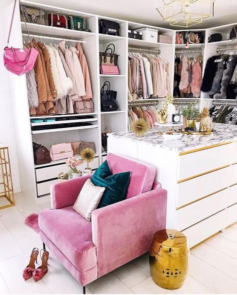 Trendy and feminine dream closet with pink accents, white built-in shelving, and a glam closet island. Dream Dressing Room, Dressing Room Closet, Walking Closet, Dream Closet Design, Walk In Closet Design, Wardrobe Room, Closet Decor, Closet Room, Dream Closets