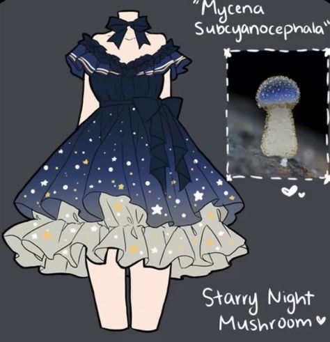 Credit to: Mochipan Character Clothing Ideas, Mushroom Outfits, Mushroom Outfit, Mushroom Dress, Artistic Fashion, Clothing Sketches, Art Outfits, Dress Design Drawing, Clothing Design Sketches