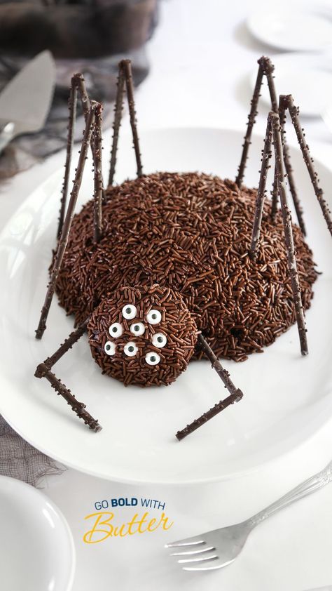 Serve this eye-catching chocolate spider cake at your Halloween party, and it will double as your table’s centerpiece! Chocolate sprinkles give this spider a “hairy” appearance, and chocolate sticks make for the creepiest-looking spider legs. Chocolate sticks and candy eyeballs can be found at kitchen specialty stores and online. Chocolate Spider Cake, Halloween Cakes Diy, Diy Halloween Food, Fun Halloween Desserts, Chocolate Spiders, Halloween Torte, Spider Cake, Postres Halloween, Dulces Halloween