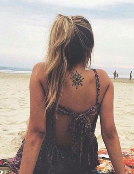 Tattoos in summer Back Tattoo Women Upper, Mandala Tattoo Back, Dotwork Tattoo Mandala, Small Back Tattoos, Upper Back Tattoos, Back Of Neck Tattoo, Summer Tattoo, Muster Tattoos, Back Tattoo Women