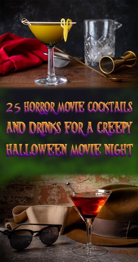 The Geeks have rounded up 25 horror movie cocktails perfect for celebrating Halloween at home with your favorite horror flick! 2geekswhoeat.com #Cocktails #CocktailRecipes #HorrorMovieCocktails #HalloweenIdeas #HalloweenRecipes #Halloween Horror Movie Alcoholic Drinks, Horror Movie Date Night Ideas, Scary Movie Themed Drinks, Halloween Movie Themed Cocktails, Movie Night Drinks Alcohol, Michael Myers Cocktail, Horror Movie Inspired Cocktails, Horror Movie Menu Ideas, Horror Themed Cocktails