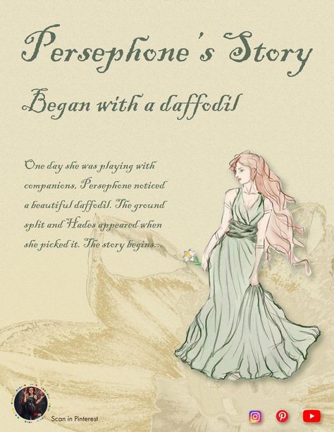 One day she was playing with her companions, Persephone noticed a beautiful daffodil. The ground split and Hades appeared when she picked it. The story begins... See full story at https://jingshufu0415.wixsite.com/cyane/digital-platform Persephone Story, Greek Writing, Goddess Persephone, Goddess Of Spring, Dark Feminine Energy, Hades And Persephone, The Underworld, Witch Aesthetic, Spring Aesthetic