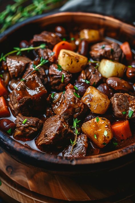 Beef stew with chunks of beef, potatoes, carrots, and herbs in a wooden bowl. Hearty Beef Recipes, Red Wine Soup Recipes, Healthy Hearty Recipes, Classic Beef Bourguignon, Beef Wine Recipes, Hearty Beef Soup Recipes, September Crockpot Meals, Beef Borginoine Julia Child, Red Wine Cooking Recipes