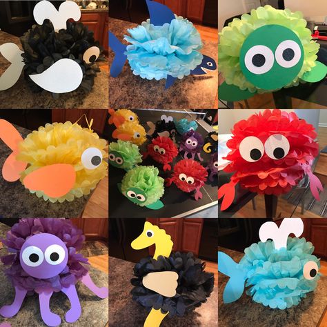 Dollar Store DIY: Under the Sea Tissue Pom Pom Creatures — Legally Crafty Blog Under The Sea Crafts, Ocean Classroom, Under The Sea Decorations, Fair Theme, Ocean Theme Classroom, Mermaid Theme Birthday Party, Preschool Classroom Decor, Vbs 2024, Sea Baby Shower