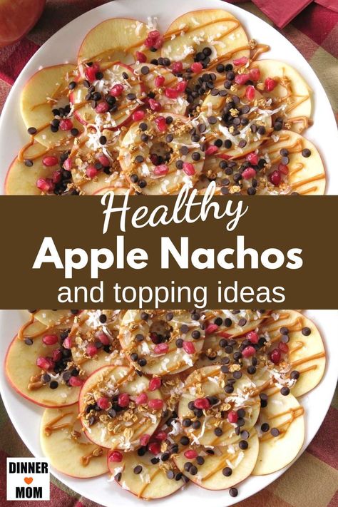 Healthy Apple Nachos are an easy, no-bake snack or dessert that's ready in minutes. Kids and adults will love this simple recipe with almond butter (or peanut butter,) chocolate, coconut, and granola. Whether you're planning a picnic, after-school snack, or a laid-back weekend brunch, these apple nachos are sure to steal the show. Get all the topping ideas for apple dessert nachos and tips for this healthy fall recipe at Dinner-Mom.com. Carmel Apple Nachos Halloween, Picnic Party Food Ideas For Adults, Fall Apple Nachos, Fall Fruit Platter Ideas Easy, Healthy Brunch Potluck Ideas, Back To School Brunch For Moms, Apple Nacho Bar Ideas, Healthy Apple Snack Ideas, Fall Picnic Food Ideas For Two