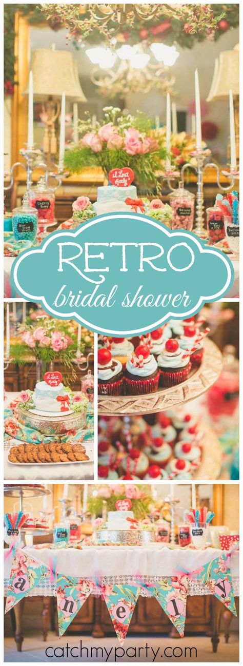 Love this retro bridal shower in teal, red and pink! See more party ideas at CatchMyParty.com! Bridal Shower Themes, Retro Bridal Showers, Kitchen Bridal Shower, Retro Bridal, Disney Bridal Showers, Simple Bridal Shower, Garden Bridal Showers, Spring Bridal Shower, Vintage Bridal Shower