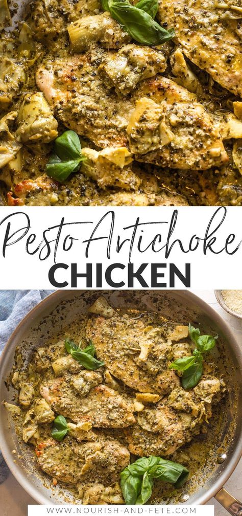 Artichoke Pesto Chicken, Pesto Chicken Dinner Ideas, Pesto Artichoke Chicken, Balsamic Pesto Chicken, Pesto Recipes Dinner, Chicken Artichoke Pasta, Tomato Pesto Chicken, Pesto Cream Sauce, Chicken Bakes