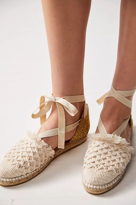 Vida Espadrille Wrap Sandals | Free People Beach Formal, Wrap Sandals, Metallic Heels, Fringe Trim, Espadrille Shoes, Flat Espadrille, Vintage Aesthetic, Boho Outfits, Slip On Sandal