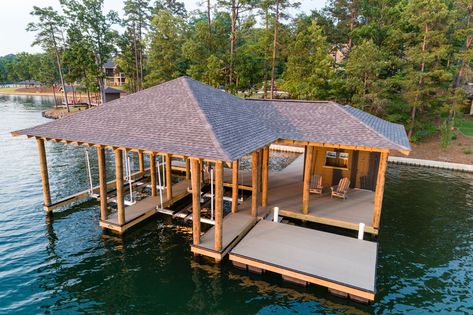 Gallery Sunrise Docks | Lake Martin's Dock Builder Boat Docks On The Lake Ideas, Covered Boat Dock Ideas, Dock House Boathouse, Covered Boat Dock Ideas Lakeside, Boat Docks Lake Ideas, Boat Docks Ideas Design, Boat House Ideas Lakes, Boat Dock Ideas Lakeside, Lake Dock Ideas