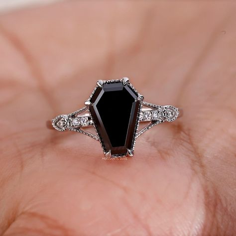 Art Deco Black Coffin cut Moissanite Engagement Ring. Unique Wedding Ring for Her. Antique Moissanite Rings. Promise Ring in Milgrain Design 6 Claw Prong. 1.70ct Coffin Black Moissanite Ring is a masterpiece of vintage charm and modern elegance. This exquisite black wedding ring is designed with a captivating art deco coffin shape. Ideal as the best anniversary ring for her. The milgrain design adds a touch of old-world charm, while the side colorless small round moissanite sparkles with timeles Coffin Ring Engagement, Coffin Wedding Ring, Gothic Rings Engagement, Coffin Engagement Ring, Goth Engagement Rings, Black Wedding Ring, Dark Wedding Theme, Coffin Ring, Gothic Engagement Ring