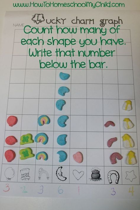 FREE St Patricks Day Activities: Lucky Charms Graph from HowToHomeschoolMyChild.com Lucky Charm Graphing, St Patricks Day Activities, March Lessons, March Themes, March Crafts, St Patricks Day Crafts For Kids, March Activities, St Patrick Day Activities, Stocking Tags