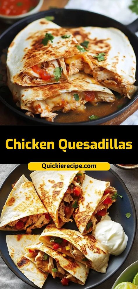 Chicken Quesadillas These Chicken Quesadillas are crispy, cheesy, and stuffed with tender chicken for an easy, satisfying meal or snack. Ingredients: 2 flour tortillas 1 cup cooked chicken, shredded 1/2 cup shredded cheese 1 tbsp olive oil A quick and delicious dish that’s perfect for any time of day Crispy Chicken Quesadilla, Chicken Quesadilla Recipe Easy, Chicken Cheese Quesadilla, Chicken Quesadillas Easy, Quesadilla Recipes Easy, Crispy Chicken Breast, Juicy Baked Chicken, Chicken Shredded, Chicken Quesadilla Recipe