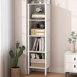 LAATOOREE 5 Tier Narrow Bookshelf, Wood 4 Cube Slim Bookcase, Skinny Open Display Storage Shelf for Small Space, Corner, Living Room, Office, Bedroom (White) Bookshelf Wood, Slim Bookcase, Narrow Bookshelf, Space Living Room, Cube Bookcase, Bedroom White, Small Space Living Room, Display Storage, Office Bedroom