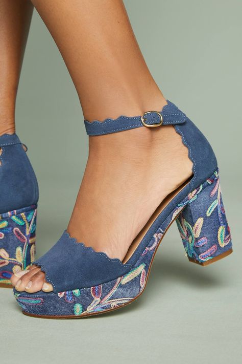 Anthropologie Scalloped Platform Heels #ad #AnthroFave #AnthroRegistry Anthropologie Denim Wedges, Summer Shoes Trends, Platform Shoes Sneakers, Anthro Style, Embroidered Heels, Alternative Shoes, Floral Heels, Classy Girl, Prom Heels