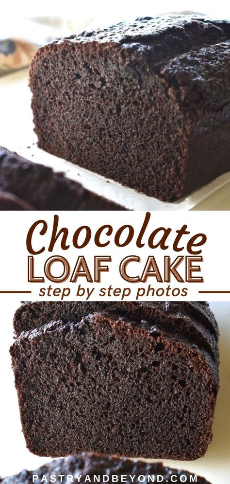 Collage for chocolate loaf cake with text overlay. Triple Chocolate Loaf Cake, Cake In Bread Pan, Smores Loaf Cake, Chocolate Cake In Loaf Pan, Chocolate Pudding Loaf, Chocolate Loaf Bread Recipes, Chocolate Loaf Recipe, Starbucks Loaf Cake Recipes, Chocolate Cake Loaf Pan